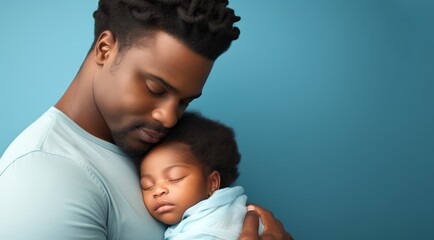 
A serene newborn baby girl with cocoa-colored skin sleeps soundly on a pastel sky-blue backdrop, cradled gently in her father's arms.