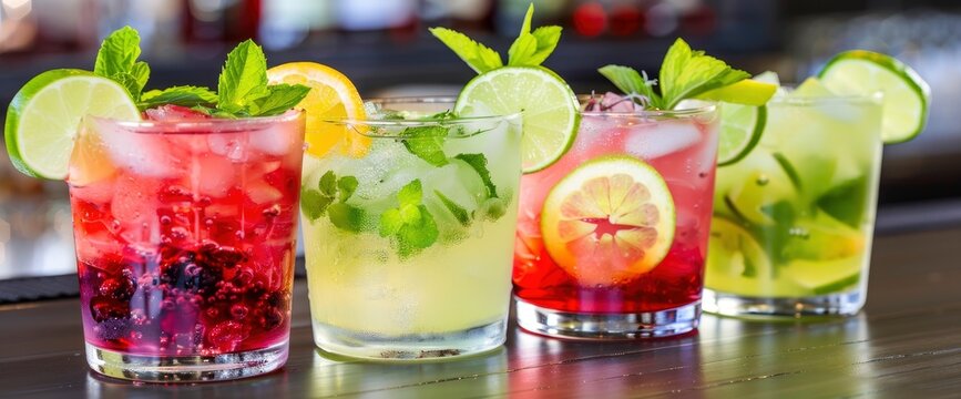 A row of colorful mojito drinks on the bar counter against a dark background Background Image,Desktop Wallpaper