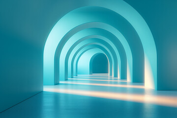 Serene Blue Arched Corridor with Warm Light Accents