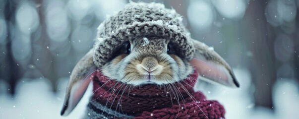 Cozy rabbit in winter attire - obrazy, fototapety, plakaty