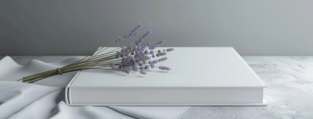 a white book mockup accompanied by a delicate bouquet of lavender, resting on a serene beige table.