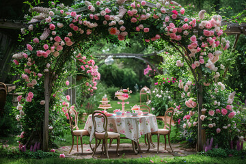 Elegant Garden Tea Party: A Vintage Setting Under a Blooming Archway