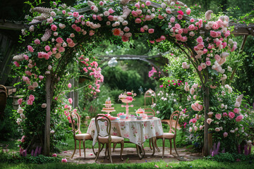 Elegant Garden Tea Party: A Vintage Setting Under a Blooming Archway