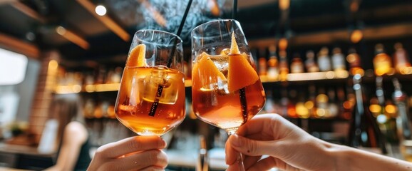 Aperol spritz cocktail glasses in hands of couple toasting, with black smoking straw on bar counter, closeup shot