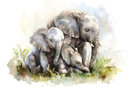 watercolor animals - drawing elephant with a kid sketch