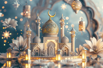 Eid Adha Mubarak with light luxurious crescen,template islamic ornate greeting card.
