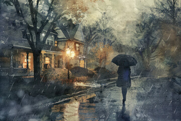 illustration painting of woman shirt with umbrella crossing the street,rainy night