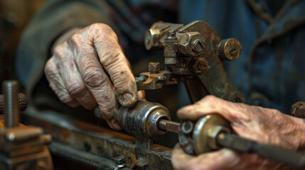 A man is working on a machine with his hands