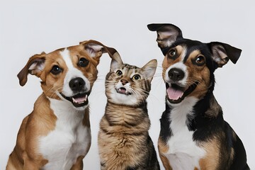 Two dogs and a cat playfully interact in lively scene against white backdrop