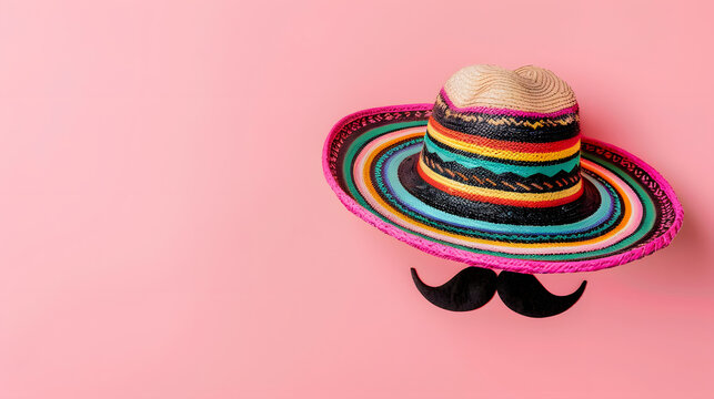 Banner with colorful Mexican sombrero and mustache on a light pink background with copy space for text. Cinco de mayo fiesta concept. 