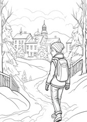 Winter Coloring Page, Winter outline coloring page, Winter Scenery line art for coloring page, Winter Coloring Book, Adults Coloring Pages, AI Generative