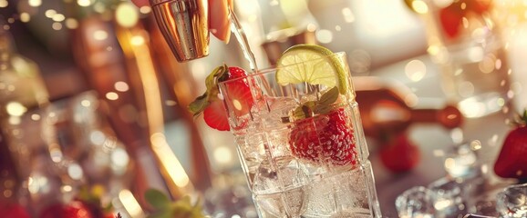 Closeup of hands crafting an ice cold cocktail with lime and strawberry, on the background Background Image,Desktop Wallpaper