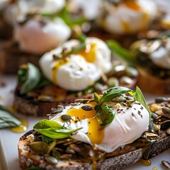 bruschetta with a poached egg and spinach pesto - obrazy, fototapety, plakaty