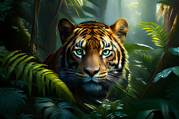 Bengal tiger with mustache lies in the jungle and looks at the camera. - obrazy, fototapety, plakaty
