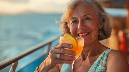 A senior woman is drinking a cocktail on the deck of a cruise ship at sea.