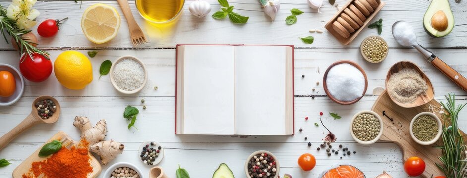 an open recipe book surrounded by an array of different ingredients on a pristine white wooden table, leaving ample space for text.
