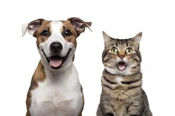 A dog and cat with contrasting expressions pose in front of white backdrop