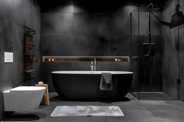 Contemporary modern bathroom interior in dark black colors and concrete elements.
