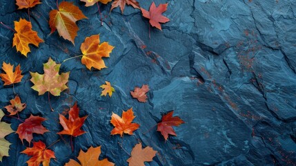 Colorful autumn leaves on a blue slate background, top-down perspective, generous space for text
