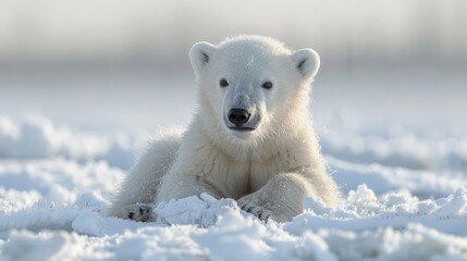 Naklejka premium Adorable polar bear cub relaxing in snow