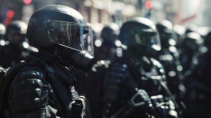 Detailed view of riot police during a labor march on May Day, working to control crowds against pension reform - obrazy, fototapety, plakaty