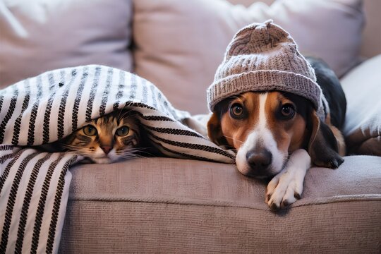 Cozy indoor scene with cat under blanket, dog in hat on couch