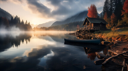 Wooden cabin on mountain view. Calm lake with mist and sun - obrazy, fototapety, plakaty