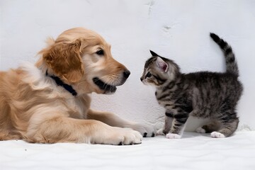 Golden retriever puppy and kitten share a cute moment of curiosity against white backdrop
