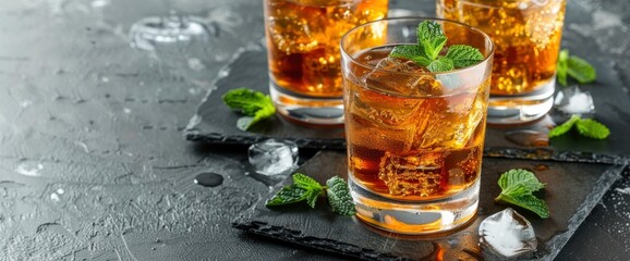 Photo of a julep cocktail with ice and mint leaves, taken from an overhead angle on a grey tablecloth background, Background Image,Desktop Wallpaper Backgrounds - obrazy, fototapety, plakaty