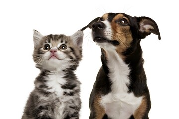 A kitten and a dog look up with curious expressions, their attention captured