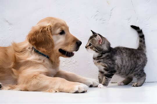 Golden retriever puppy and kitten share a cute moment of curiosity against white backdrop