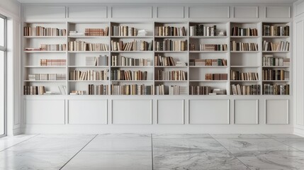 a white wooden bookcase brimming with books, creating a welcoming and intellectual atmosphere. - obrazy, fototapety, plakaty