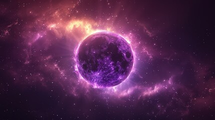   A purple ball floats amidst a star-filled expanse, with a black hole ominously situated at its heart