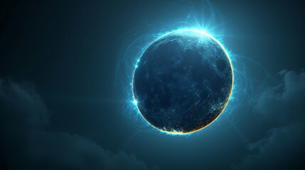 Naklejka na ściany i meble A blue planet emits bright light from its upper region in the sky