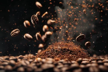 Foto op Plexiglas anti-reflex Dynamic explosion of coffee beans captured in stunning close-up photography © gankevstock
