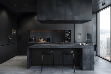 Contemporary modern kitchen interior in dark black colors and concrete elements.