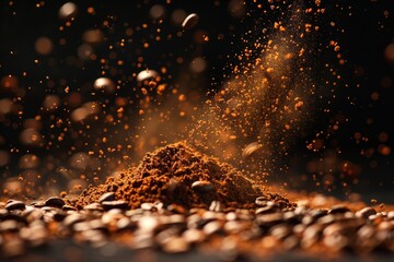 Dynamic explosion of coffee beans with ground coffee and golden dust in the air