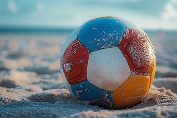 Weathered beach soccer ball on sandy shore