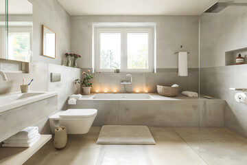 Fototapeta na wymiar Contemporary modern bathroom interior in grey colors, concrete and marble elements.
