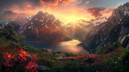 Panorama of a mountain landscape during sunset with a lake and flowers in the foreground