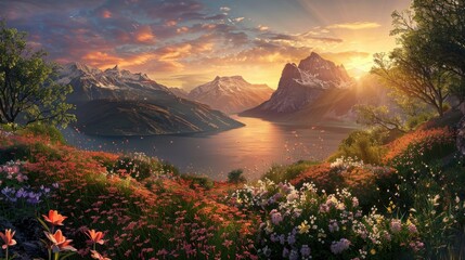 Panorama of a mountain landscape during sunset with a lake and flowers in the foreground - Powered by Adobe