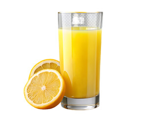 glass and pitcher with orange juice on transparent background