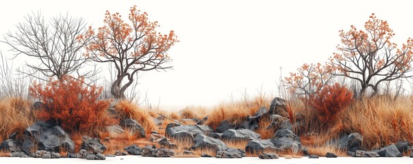 Barren trees and rocks in an autumn landscape