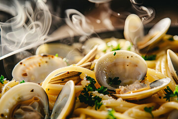 A savory dish of steamed clams and linguini garnished with parsley, served steaming hot in a casserole - obrazy, fototapety, plakaty