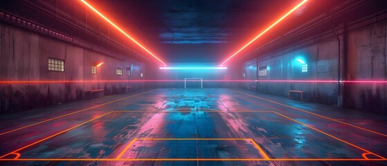 Futuristic indoor soccer field with glowing neon lines and football at center. Concept Futuristic Design, Indoor Soccer Field, Glowing Neon Lines, Football, Technology