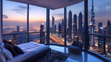 bedroom adorned with a panoramic window showcasing a cityscape at twilight, its skyscrapers illuminated against the evening sky, all set amidst a sophisticated, monochrome color scheme. - Powered by Adobe