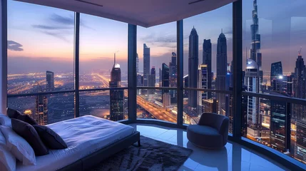 Foto op Plexiglas bedroom adorned with a panoramic window showcasing a cityscape at twilight, its skyscrapers illuminated against the evening sky, all set amidst a sophisticated, monochrome color scheme. © lililia