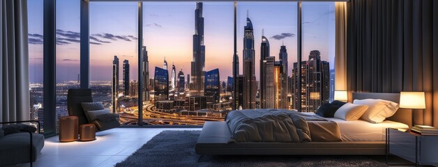 bedroom adorned with a panoramic window showcasing a cityscape at twilight, its skyscrapers...