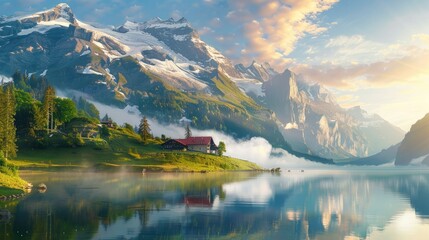 stunning swiss landscape with mountains at sunrise