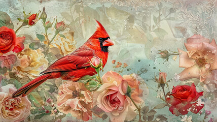 Red cardinal bird with flowers,rococo art painting - 794284400